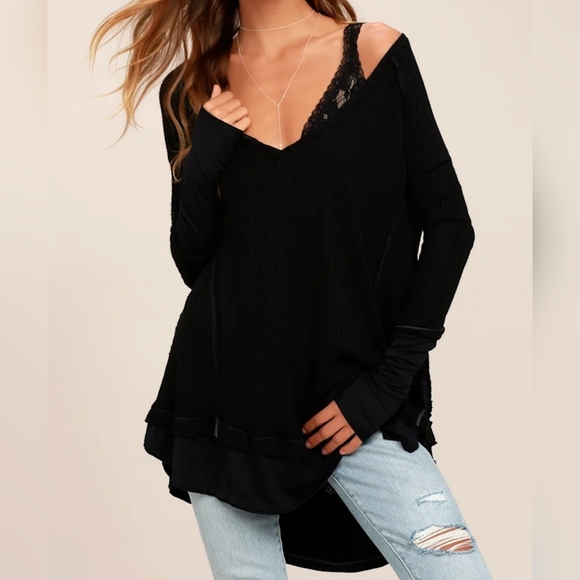 We The Free Laguna Oversized Thermal Waffle Knit Long Sleeve V-neck Top Black M - Picture 11 of 11